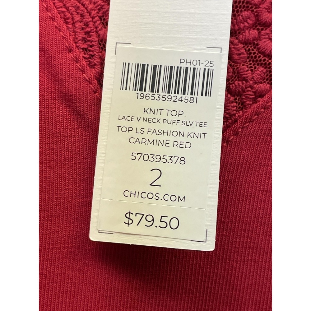 Chico's Womens‎ 2 Red Lace V-Neck Puff Sleeve Jersey Embroidered Blouse NEW - Picture 2 of 10